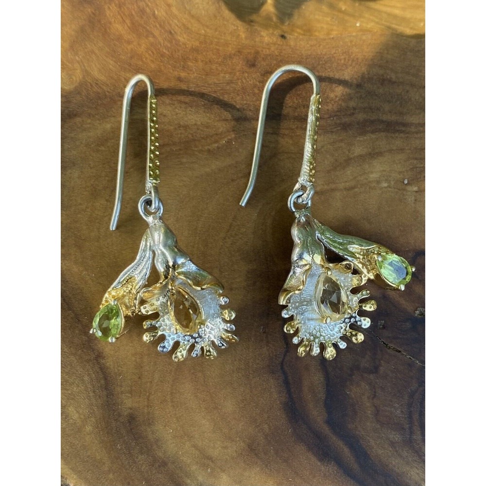 Sterling Silver Gold Wash Citrine Floral Dangle Drop Earrings Two Tone